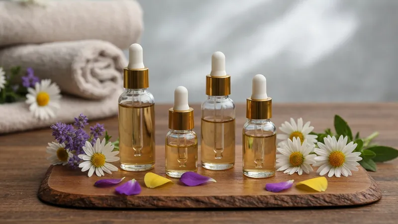 Collection d'élixirs floraux disposés harmonieusement sur table naturelle